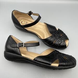 Earth Spirit Black Leather Closed-Heel Woven Mary Jane Sandals